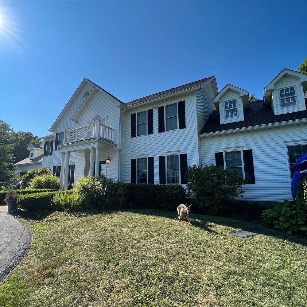 White colonial-style house with black shutters and a dog in the front yard on a sunny day.