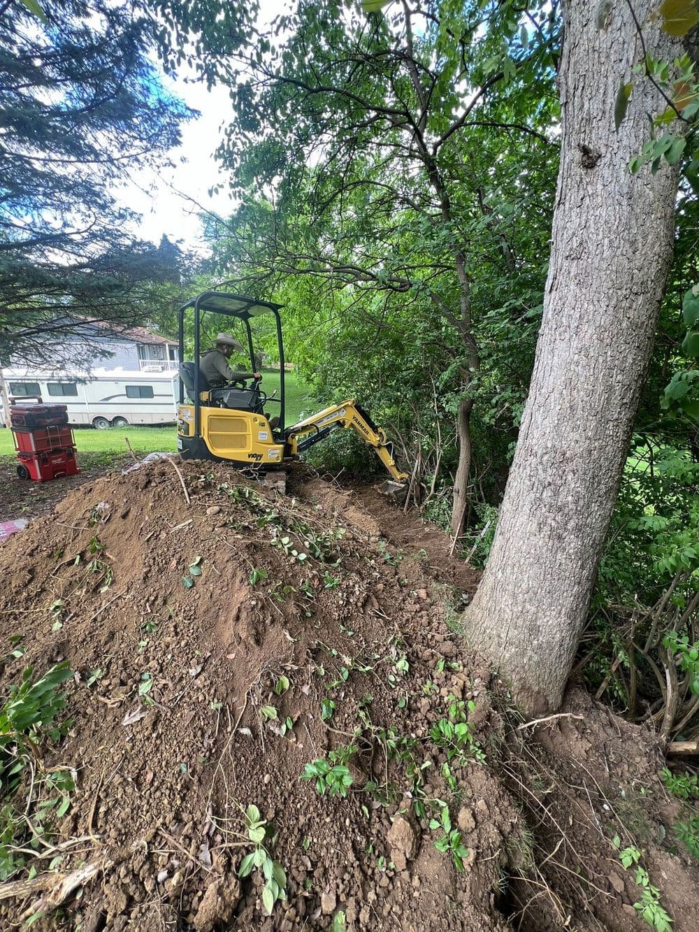 Excavator working on a hillside, surrounded by trees and lush vegetation.