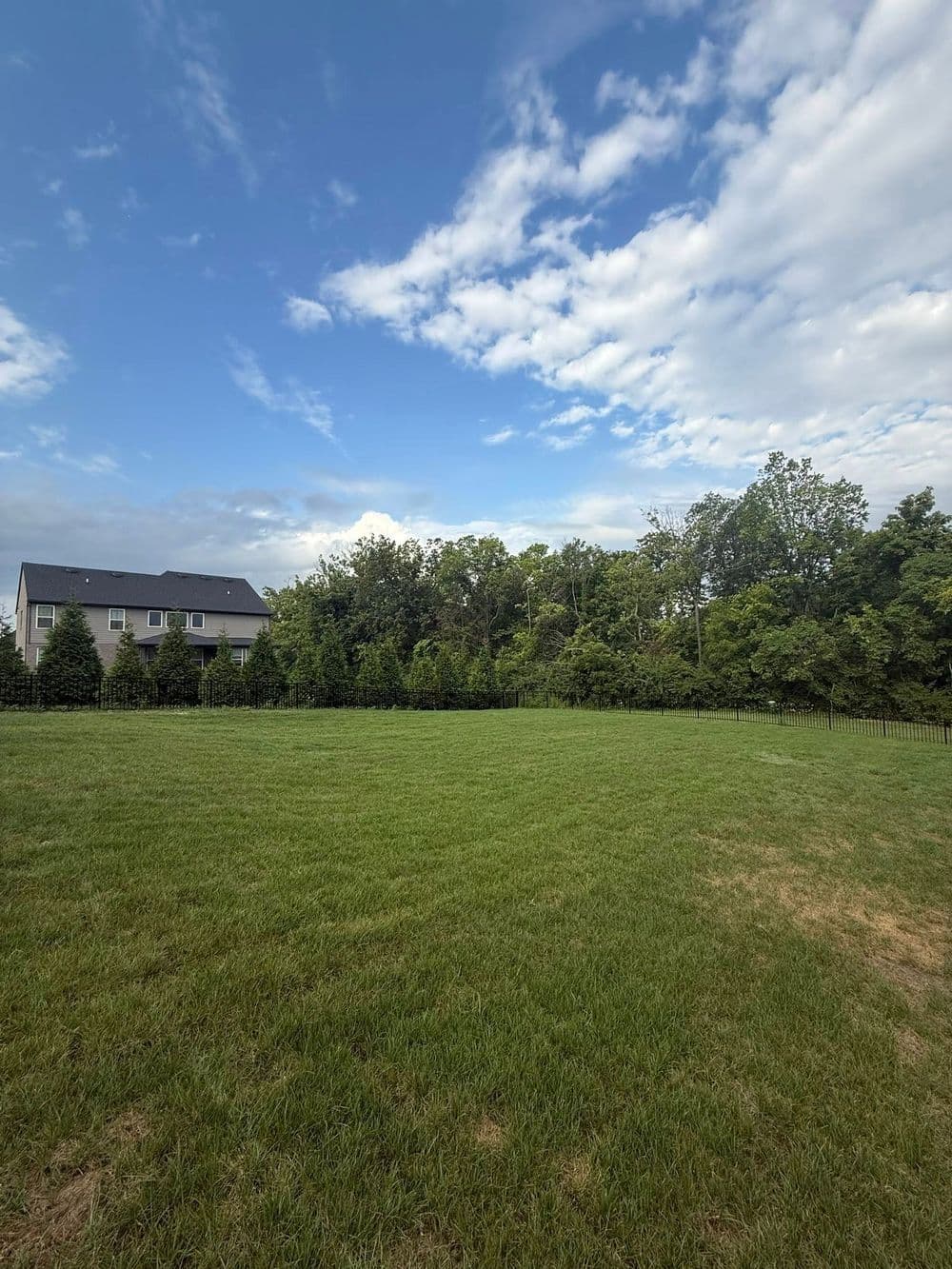 Spacious green lawn with a house and trees under a partly cloudy sky. Ideal for outdoor activities.